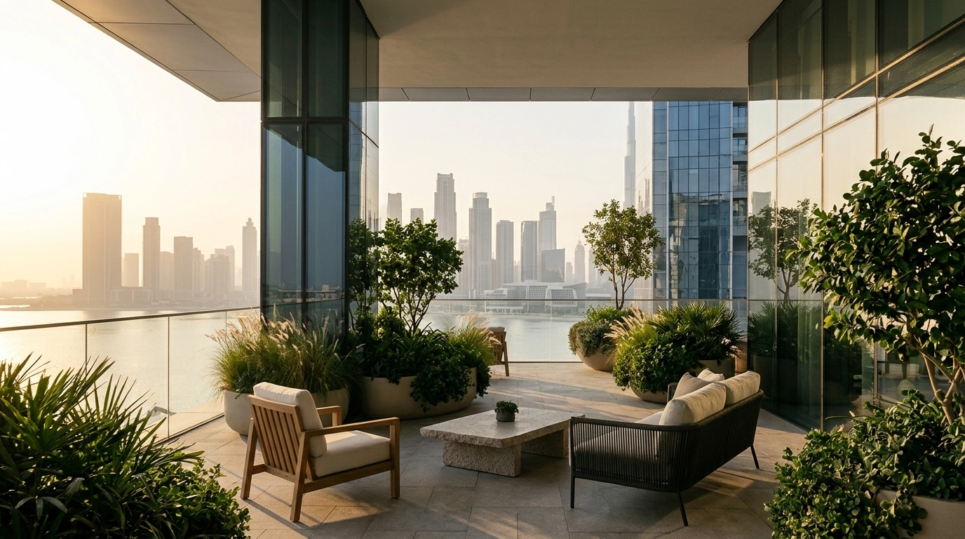 Terrace with planters overlooking the skyline at golden hour