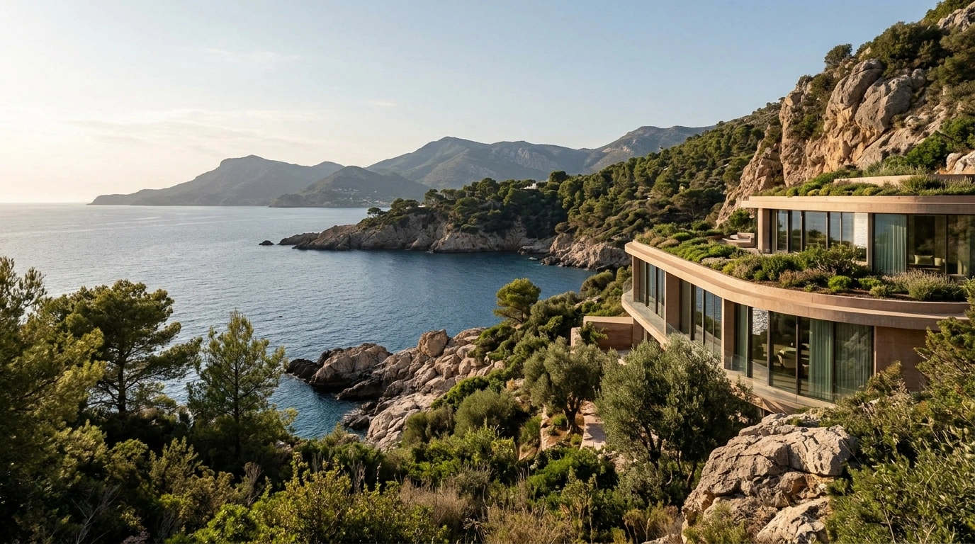 Contemporary building set into a hillside above a bay